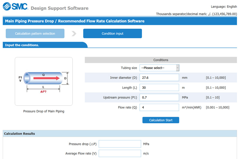 Main Piping Pressure Drop and Recommended Flow Rate Calculator