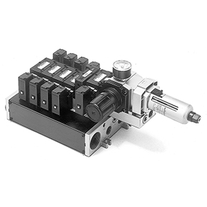 VV5FR3, Vícenásobná připojovací deska, s řídicí jednotkou (filtr / regulátor tlaku / tlakový snímač,...)